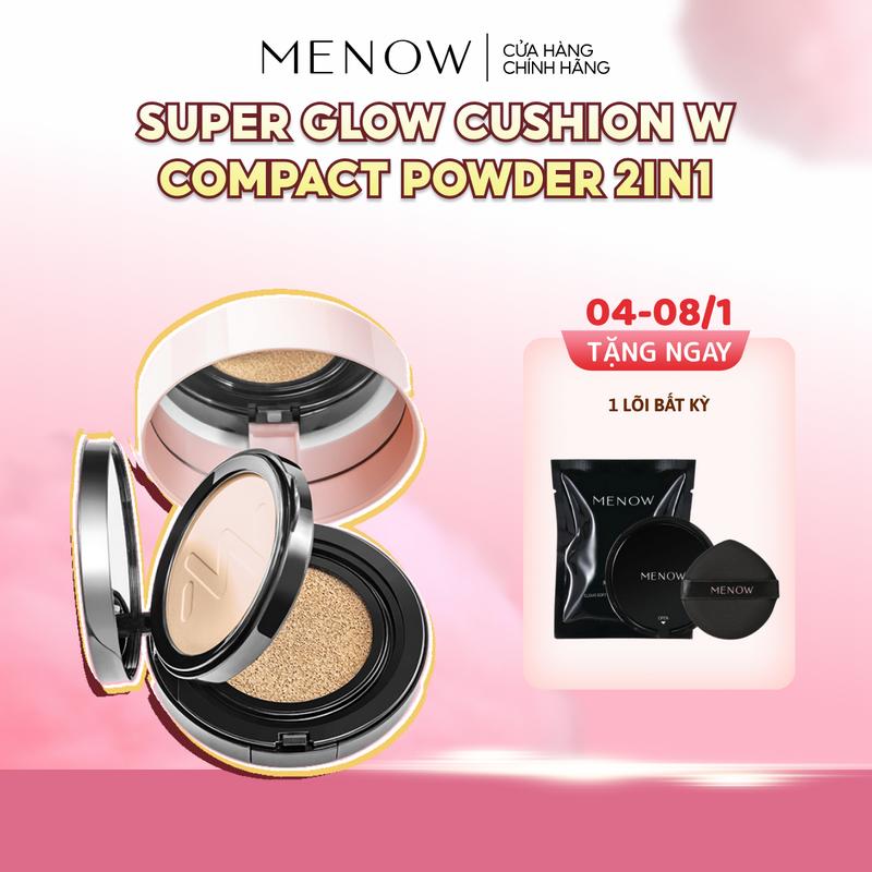 [MUA 1 TẶNG 1] Cushion kèm phấn phủ 2in1 siêu kiềm dầu, căng bóng Menow Super Glow Cushion & Compact Powder [TẶNG LÕI BẤT KỲ]