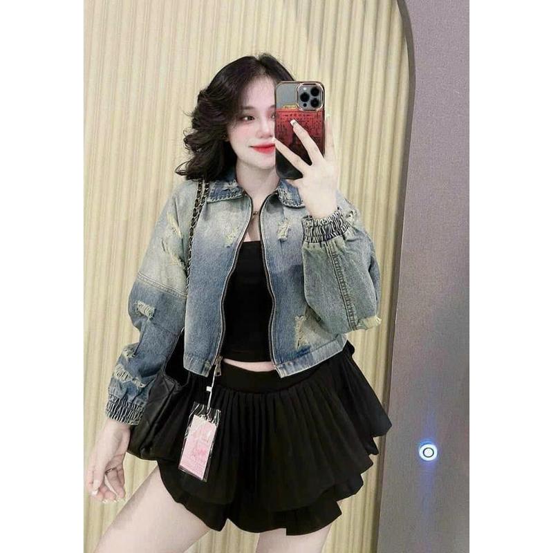 Áo Khoác Jean Tay Cánh Dơi Phồng Phối Rách Fom Rộng Dáng Ngắn Top Women Jacket