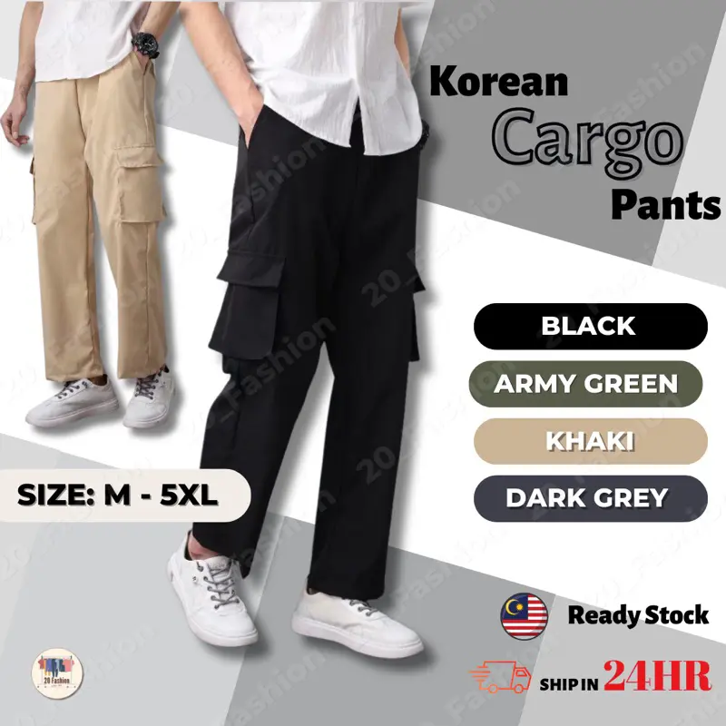 Khaki large-size cargo pants, multi-pockets, straight cut, casual style, for men and couples, long pants, fashion, high quality, cheap men's clothes, ready stock