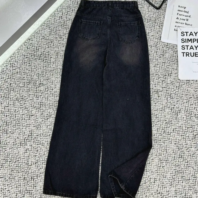 Quần jean ống rộng loe màu retro màu mài đen/trắng Women - Denim Pants 7613/6222 7
