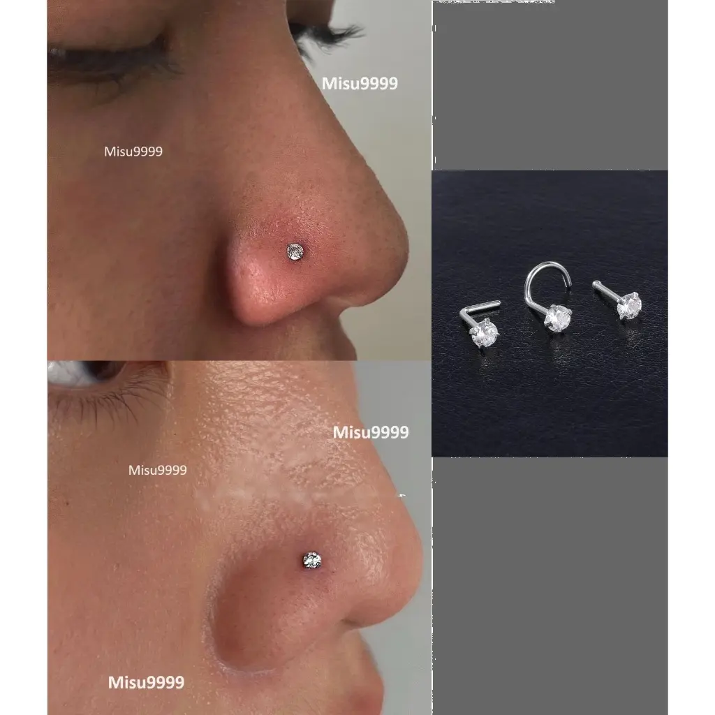 Khuyên cánh mũi nostril titan đính đá 1.5, 2, 2.5, 3mm ,thân L, Cong, Thẳng