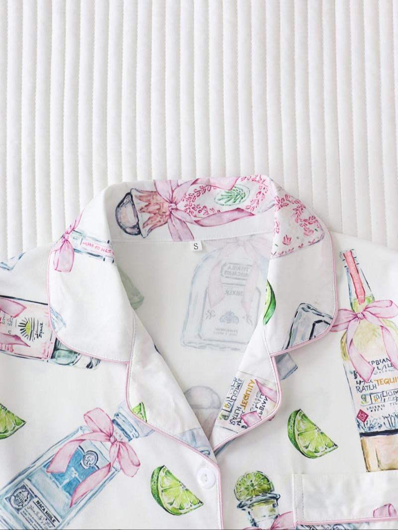Product Introduction of Women's All Over Print Lapel Neck Button Front Pajama Two-piece Matching Set, Casual Long Sleeve Pocket Top & Elastic Waist Pants Pj Set, Casual Comfortable Sleepwear Set for Women, Nightwear, Pajama Sets 3
