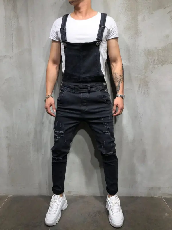 Men's Solid Color Denim Overalls Jeans, Casual Comfy Loose Fit Overalls Jeans for Daily Wear, Fashion Men's Clothes for All Seasons, Cotton 0