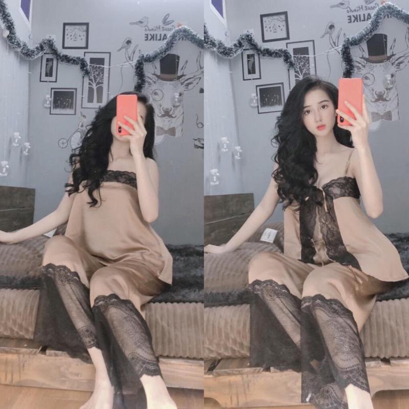 Đồ bộ mặc nhà 2 dây Sexy lụa Latin kết hợp ren Nữ Áo Women Tua Rua 3