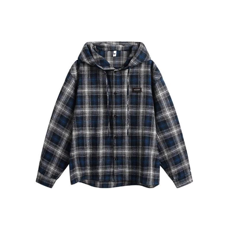 Blue Gray Plaid Hooded Plaid Shirt Korean Vintage Long Sleeve Top Men's Loose Shirt 5