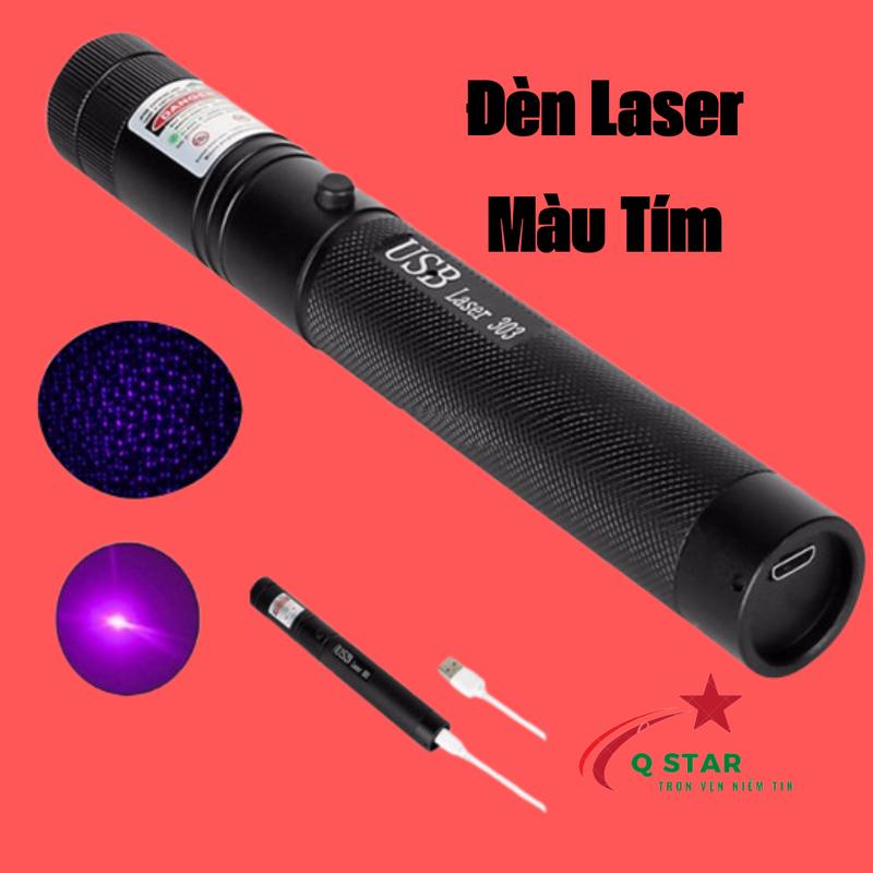Đèn Pin Laser 303-009 Tia Màu Xanh Tím Chiếu Xa Thiết Kế Full Kim Loại Kèm Đầu Hoa Văn