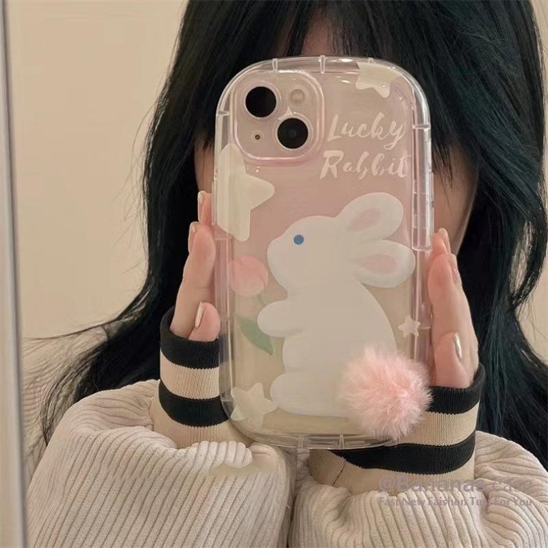 Cute Cartoon Teddy Rabbit Pattern Transparent Phone Case Compatible for iPhone 15 14 13 12 11 Pro Max X XR XS 8 7 Plus SE 3D Hairball Clear Soft Back Cover 6