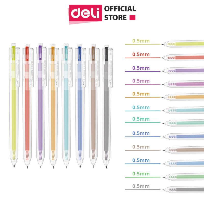 Bút bi nước nhiều màu mực gel bút bấm 0.5mm Deli xinh xắn viết đều trơn tru lâu hết mực nhanh khô, phù hợp với học sinh, sinh viên, người đi
