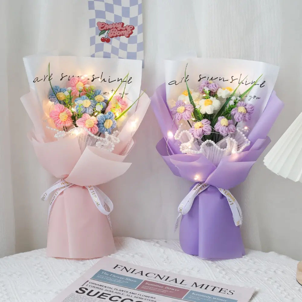 Decoration Hand Knitted Crochet Flowers Bouquet Crochet Flowers Home Decor Luminous Bouquet Graduation Gifts Puff Flower Bouquet
