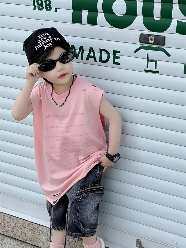 ÁO TANK TOP RÁCH VAI HAI MÀU HỒNG VÀ XANH CHẤT COTTON MỀM MÁT PHONG CÁCH CHO BÉ TRAI VÀ BÉ GÁI Vải Cotton 1