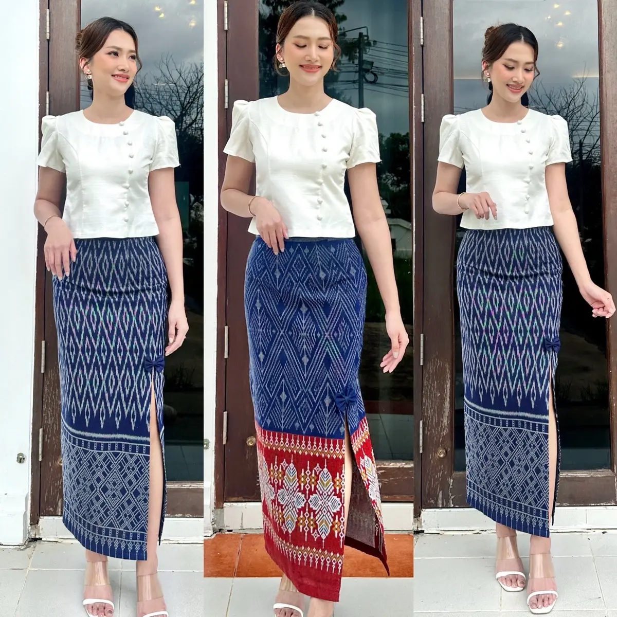 ผ้าถุงสำเร็จรูป ลายมัดหมี่ ทรงผ่าหน้า แต่งโบว์ สวยมาก
