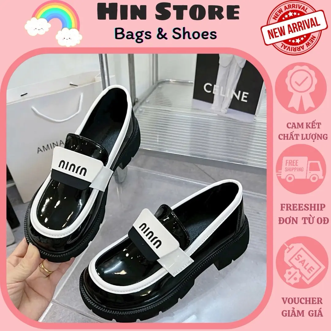 Giày đốc, giày lười đế 5cm da bóng viền trắng  mẫu mới cao cấp Hin Bag & Shoe