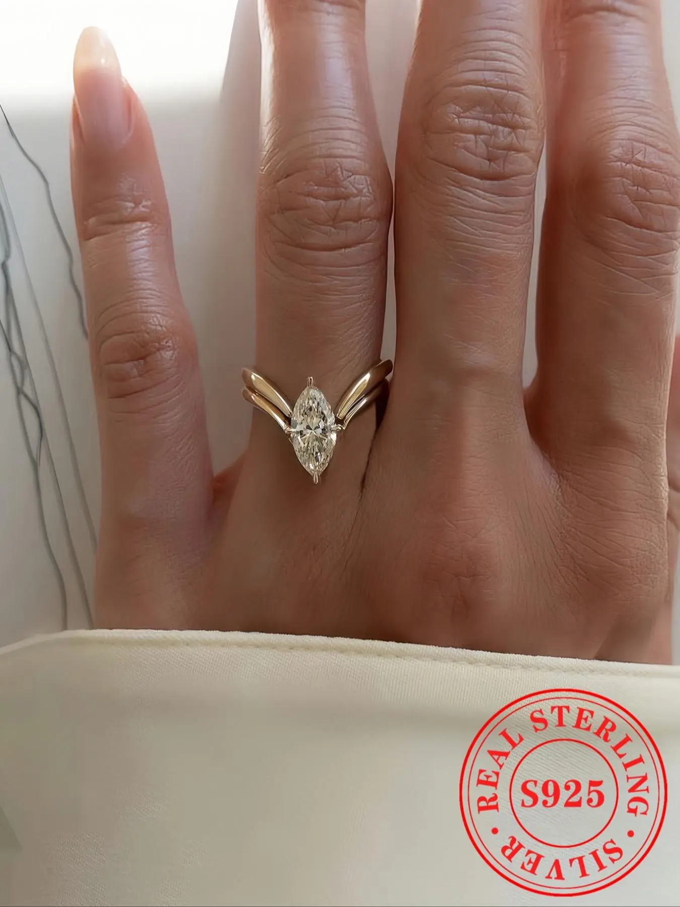 S925 Sterling Silver Fashion V-shaped Olive Shaped Ring, Stackable Ring for Women, Fashion Jewelry for Party, Daily Decor, Trendy All-match & Exquisite Jewelry for Birthday Gift