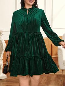 CURVZY Plus Size Glossy Button Front Ruffle Hem Smock Dress, Elegant Bishop Sleeve Mock Neck Dress for Party Holiday Wedding Guest, Women's Clothes for Spring & Fall