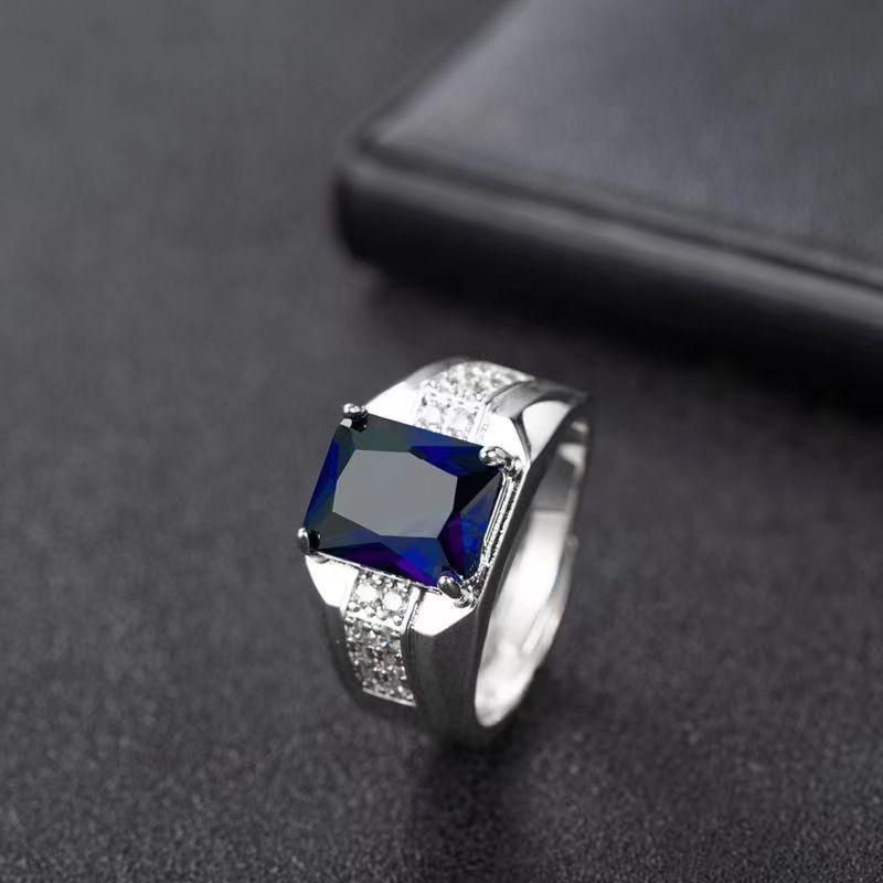 Product Introduction of New Wish Cross-Border Emerald Men's Ring European and American Blue Diamond Green Pointed Crystal Trendy Men's Open Ring Finger 3