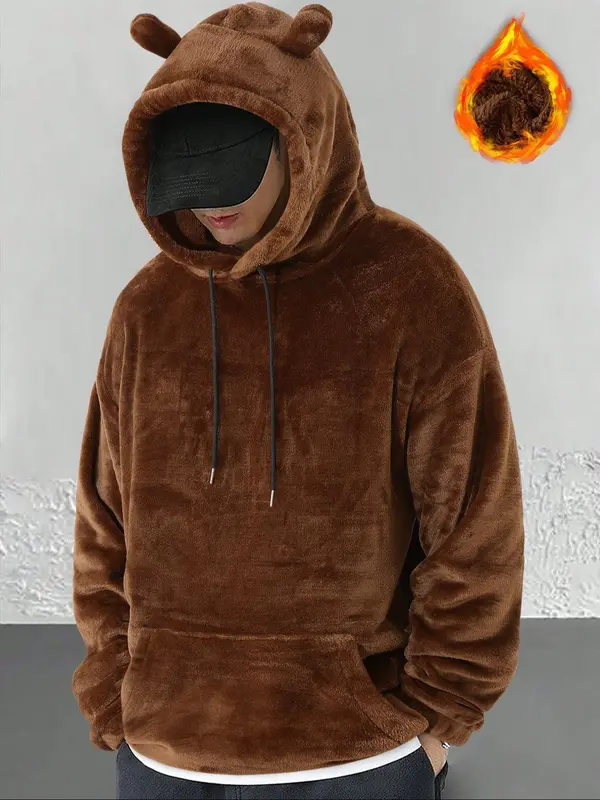 Men's Letter Embroidery Drop Shoulder Flannel Hoodie, Regular Fit Casual Long Sleeve Drawstring Hooded Sweatshirt for Fall & Winter, Men's Clothes for Daily Wear 0