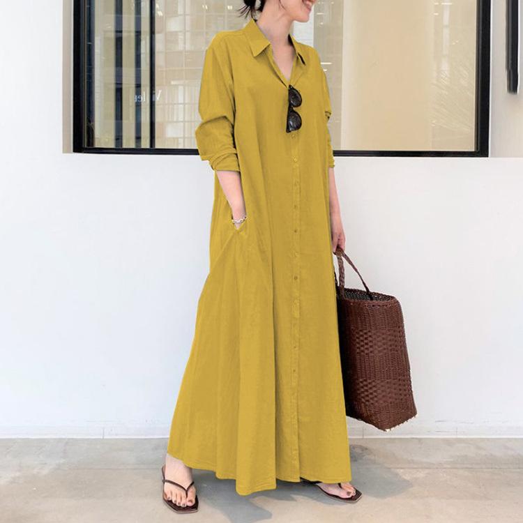Product Introduction of Women European and American style cotton linen solid color lapel long sleeve insert bag simple loose casual long shirt dress 51