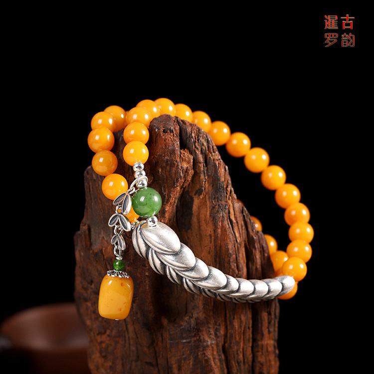 Product Introduction of S925 Sterling Silver Bracelet Natural Resin Amber Jade Bracelet Fashionable Women's Bracelet 14