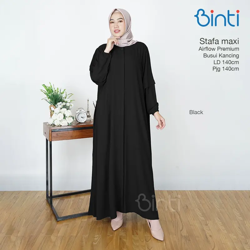 binti gamis jumbo wanita ld 140 stafa maxy dress motif polos busui kancing mat airflow 3