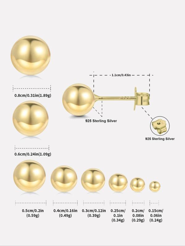 S925 Sterling Silver Round Ball Design Stud Earrings, 1/4/6 Pairs Fashionable Mixed Size Stud Earrings for Women & Men, Trendy All-match Jewelry for Birthday Gift 1