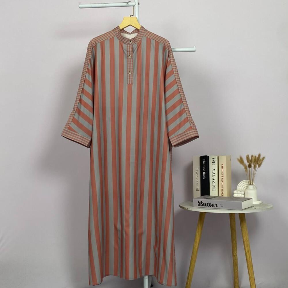 Asaya Gamis Wanita Elegan Motif Garis Kotak Biru Abu Modern Kekinian