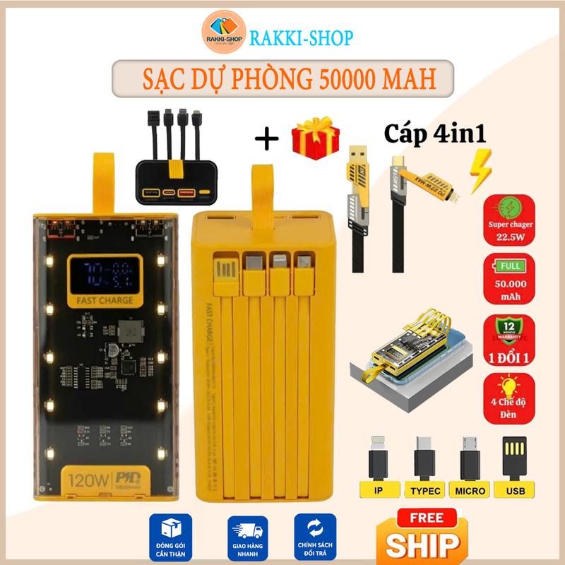 Sạc dự phòng 120W-50.000mAh mặt vuông trong suốt, Sạc nhanh Era có đèn led, tích hợp 4 đầu sạc   Sạc Pin Cho Các Dòng Điện Thoại, Tặng Cáp 4 in 1 cuc  sac