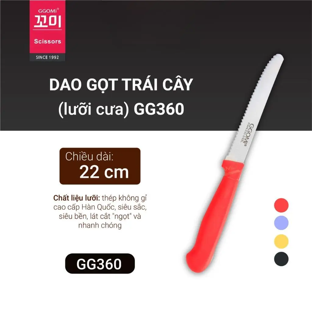 Dao đa năng GGOMi Hàn Quốc GG360. Dùng để gọt trái cây, cắt bánh mỳ, phết bơ, Lưỡi răng cưa. 4 màu lựa chọn