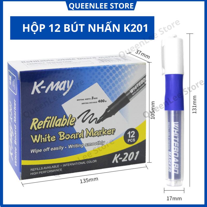 Hộp 12 Bút lông viết bảng nhấn K201 - Hộp 12 bút nhấn có ống đựng mực tiện lợi - Hộp 12 bút nhấn có ngòi thay thế Queen Lee Store