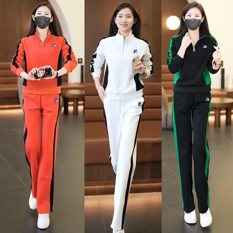 Bộ Đồ Thể Thao Đi Chơi Cho Nữ, Bộ Sưu Tập Năm 2025, Thời Trang Và Phong Cách Mới Mùa Xuân Và Mùa Thu, Áo Nỉ Cổ Chân Đế Bó Sát Quần Ống Rộng, Bộ Hai Mảnh