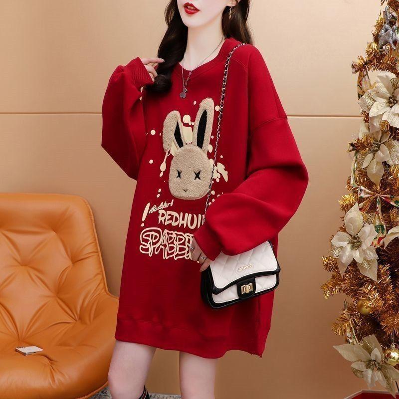 Product Introduction of Mid-Length Hoodie with Fleece 2024 Autumn Winter New Rabbit Print Loose Slimming Round Neck Casual Top Trendy Fasciitis 16