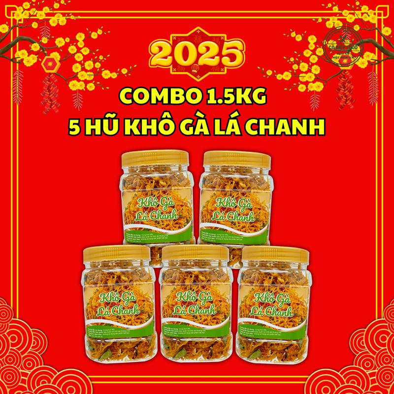 Combo 1KG5 Khô Gà Lá Chanh/ Bơ Tỏi/ Bò Sợi Dài/ Heo Cháy Tỏi ( 5 Hũ Khô gà 300Gram) [ Cô Diệp Food]
