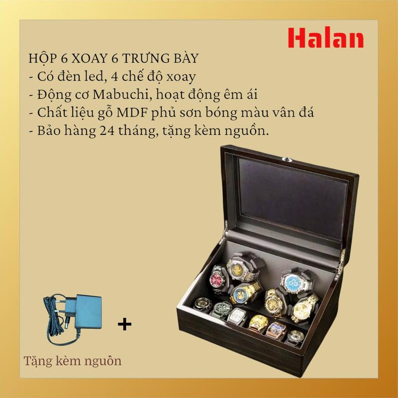 [MẪU MỚI - TẶNG KÈM ADAPTER] Hộp xoay 6 đồng hồ + 6 trưng bày - có đèn led - vân đá sang trọng - mở nắp tự dùng - 4 chế độ xoay - gối  Cao Su non Decor Decor Phòng