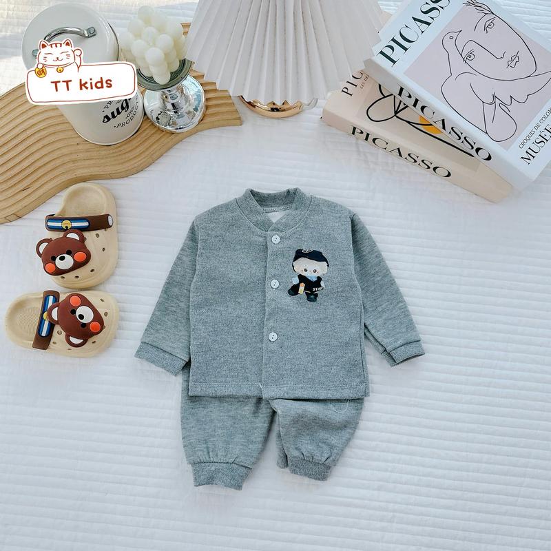 ( Combo 3-5 bộ ) Bộ quần áo nỉ tăm lông thỏ khuy giữa mềm mịn, giữ ấm tốt cho bé trai, bé gái từ 3-9kg set  len 5
