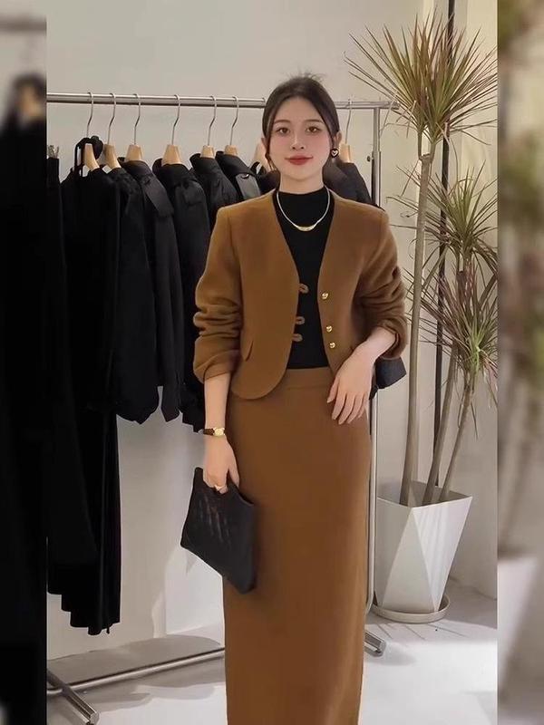 Sét áo Chân Váy dạ áo dạ Tweed áo Khoác dạ Cổ Tàu dáng ngắn tiểu thư áo cardigan dạ dày dặn FREESHIP Màu Nâu Tây S707 áo dạ Nữ Women setáoống quầnsuông đồ tingoan Top