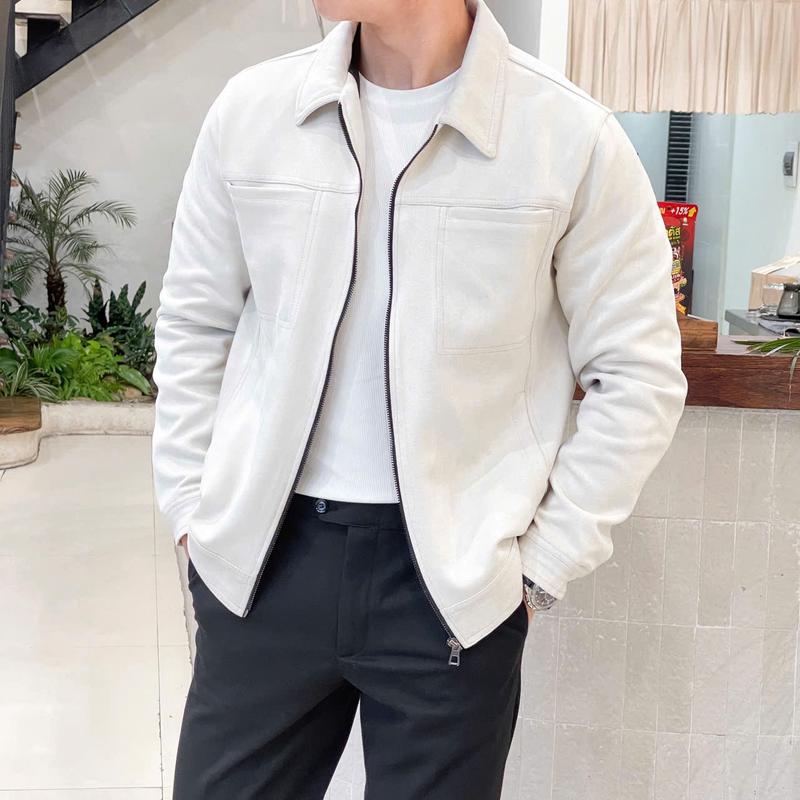 Áo khoác nam da lộn cổ bẻ khóa kéo pha túi