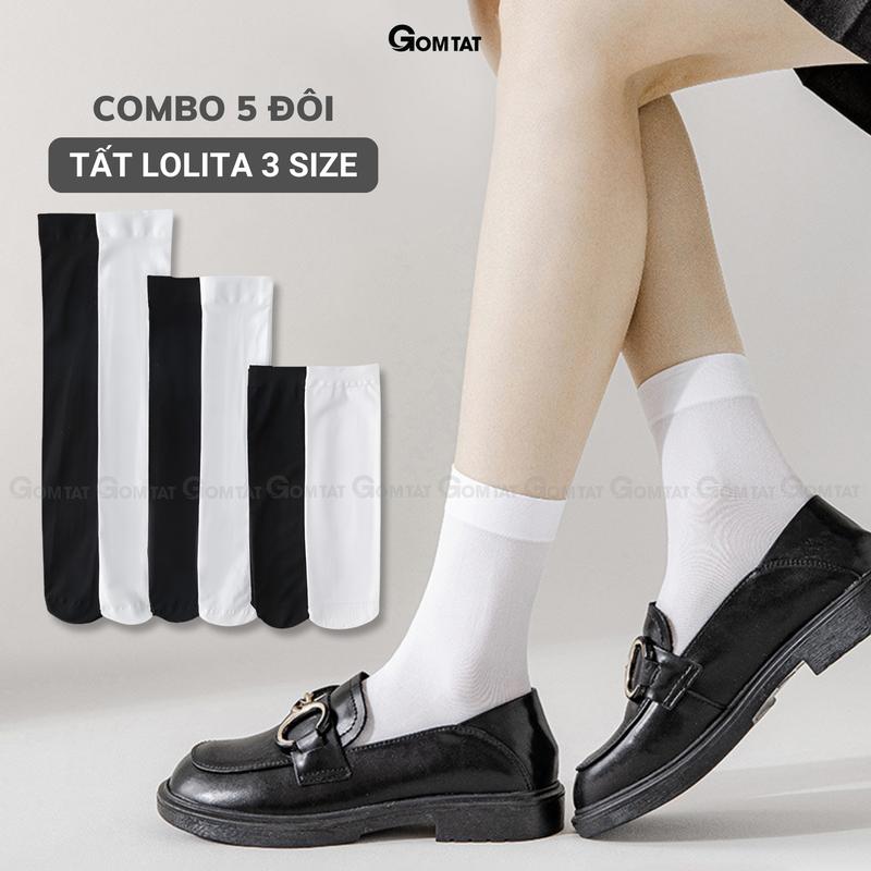 Combo 5 đôi tất lolita nữ GOMTAT cổ cao, dưới gối và qua gối trơn trắng đen, chất liệu thun lạnh mềm mịn, Voi - HOT-1805-CB5