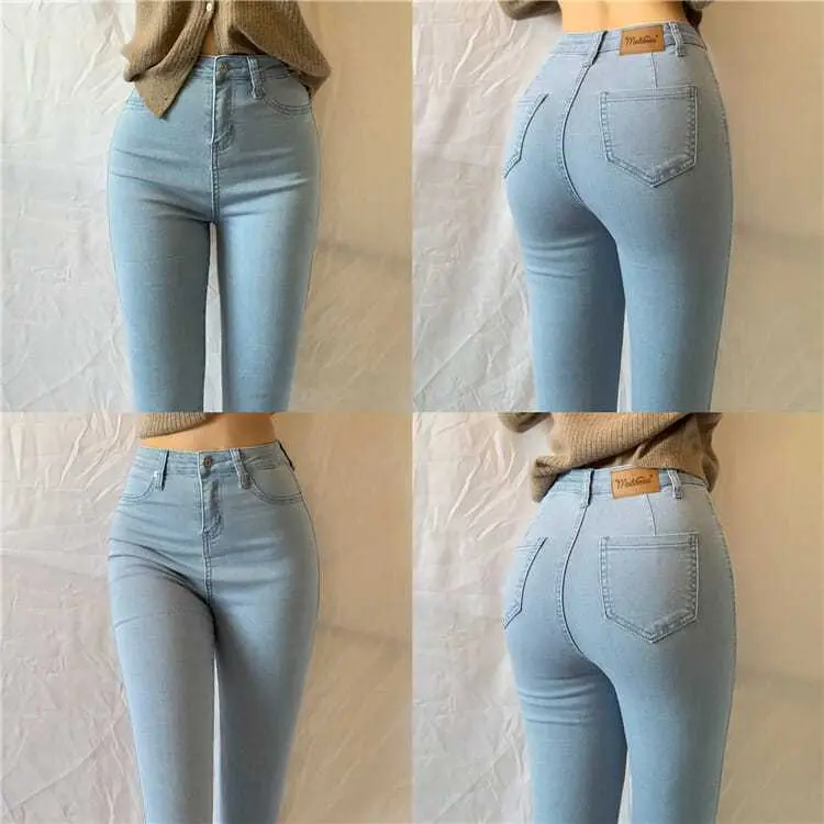 Large Size European and American Style High Waist Peach Hip Stretch Light Blue Denim Trousers Women's Skinny Hip Tappered Pencil Pants Beautiful Beautiful Sexy Women's Jeans