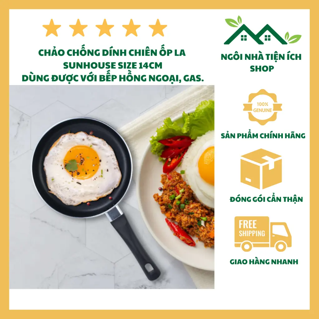 Chảo Chống Dính Chiên Ốp La Sunhouse Size 14cm, Chảo Nhỏ Mini Tiện Lợi Tráng Trứng, Chiên Rán, Xào Đa Năng