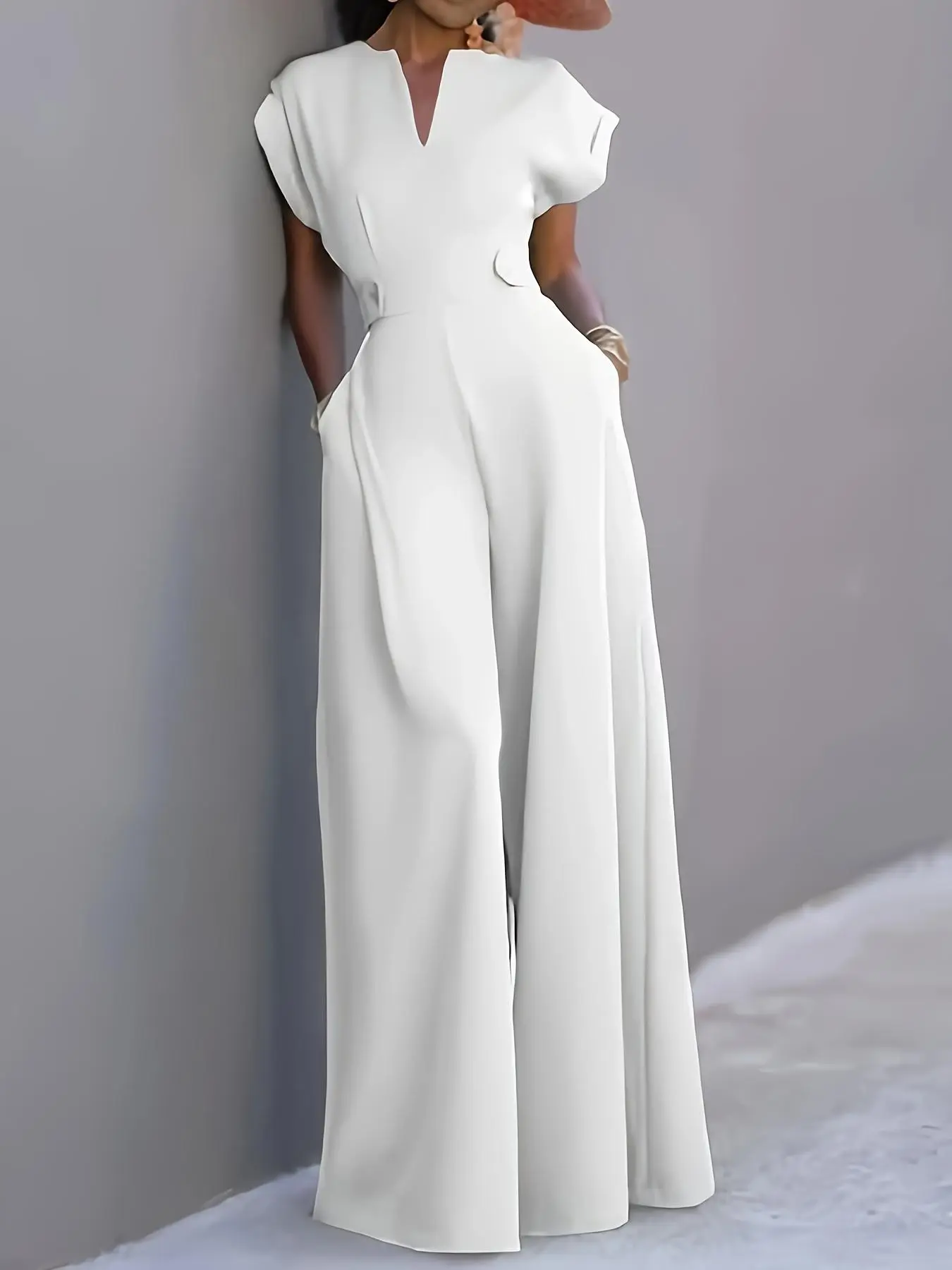 Women's Solid Color Wide Leg Jumpsuit, Casual Comfy Short Sleeve  Jumpsuit for Summer, Women's Jumpsuit for Daily Wear