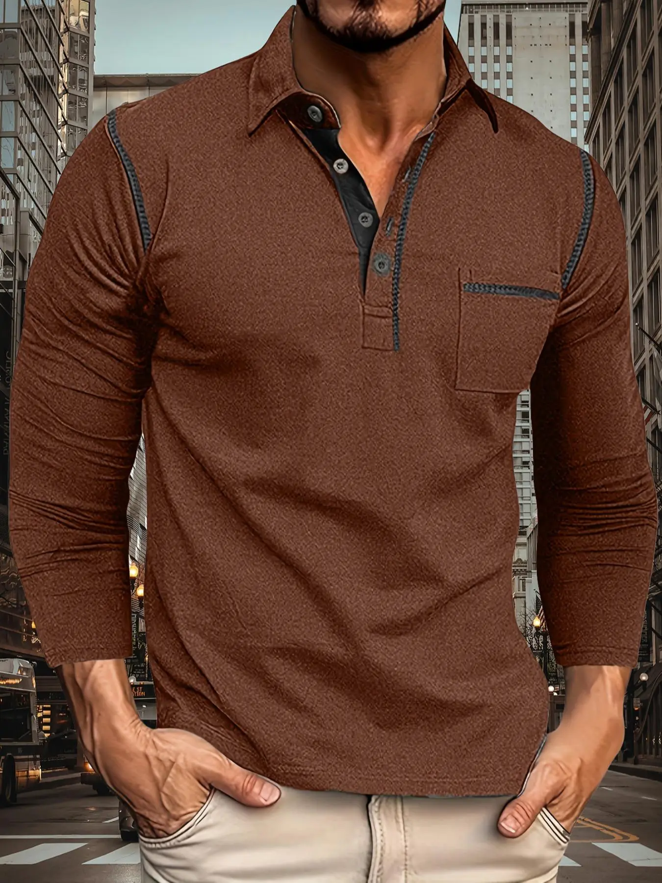 Men's Solid Color Pocket Half Button Polo Shirt, Regular Fit Casual Long Sleeve Collared Top for Spring & Fall, Fashion Men's Clothes for Daily Wear