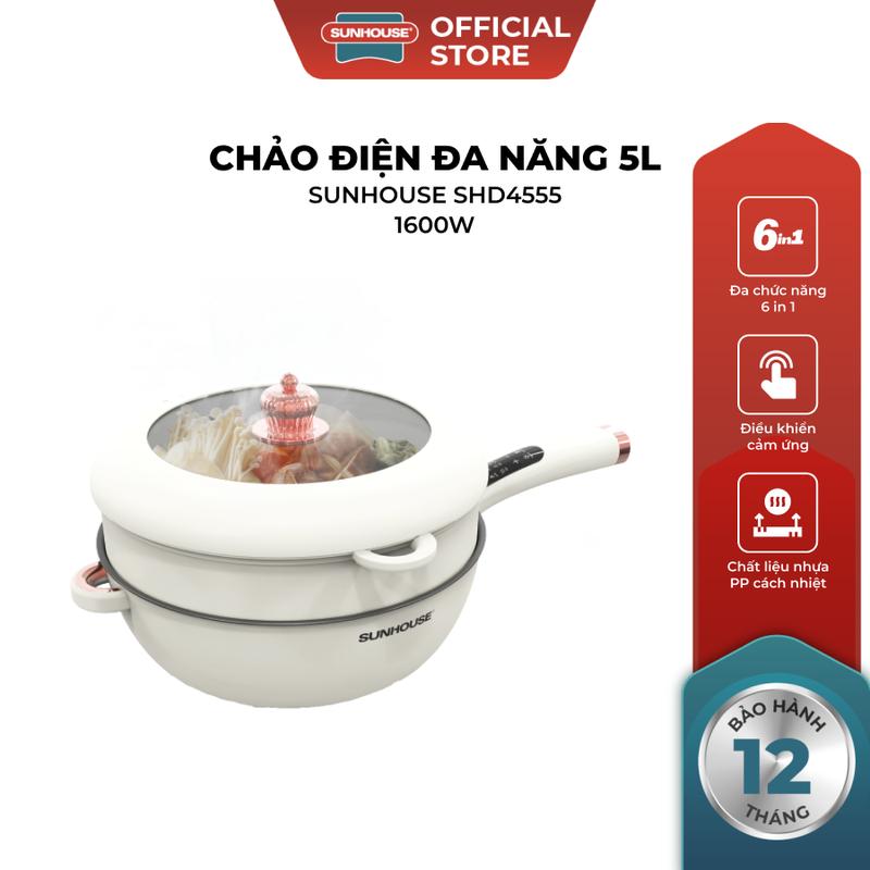 Chảo điện đa năng 5l sunhouse SHD4555 lòng nồi inox chống dính cao cấp, dễ dàng vệ sinh