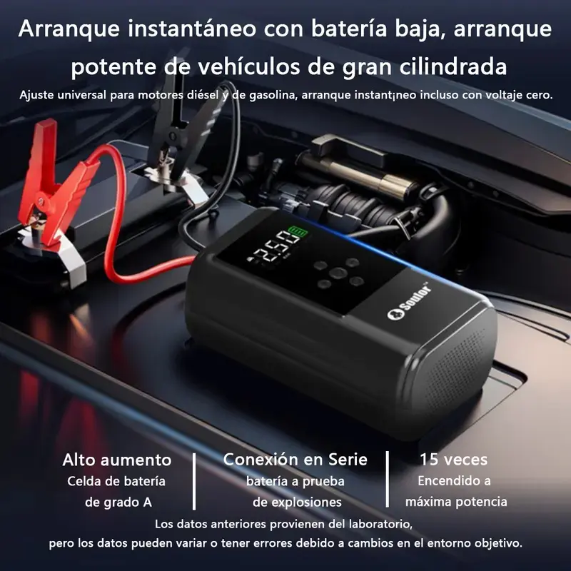 Soulor Arrancador de batería 5 en 1, arrancador de coche de 1000 A/2000 A con bomba de aire de 150 PSI, inflador y desinflador digital de neumáticos, cargador portátil de batería para coche con puerto USB y luz LED para vehículos de gasolina, mante - Foto 2