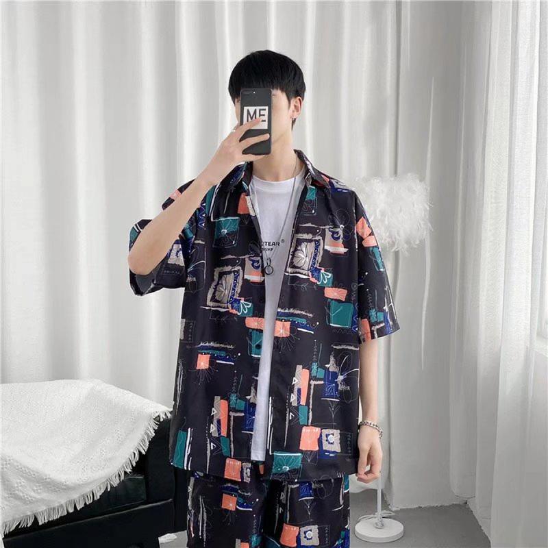Short-sleepted men's fashion summer ice silk Free Shipping Hong kong-style Ruan Home wear half-pajama shirt loose floral shirt coat suit 0