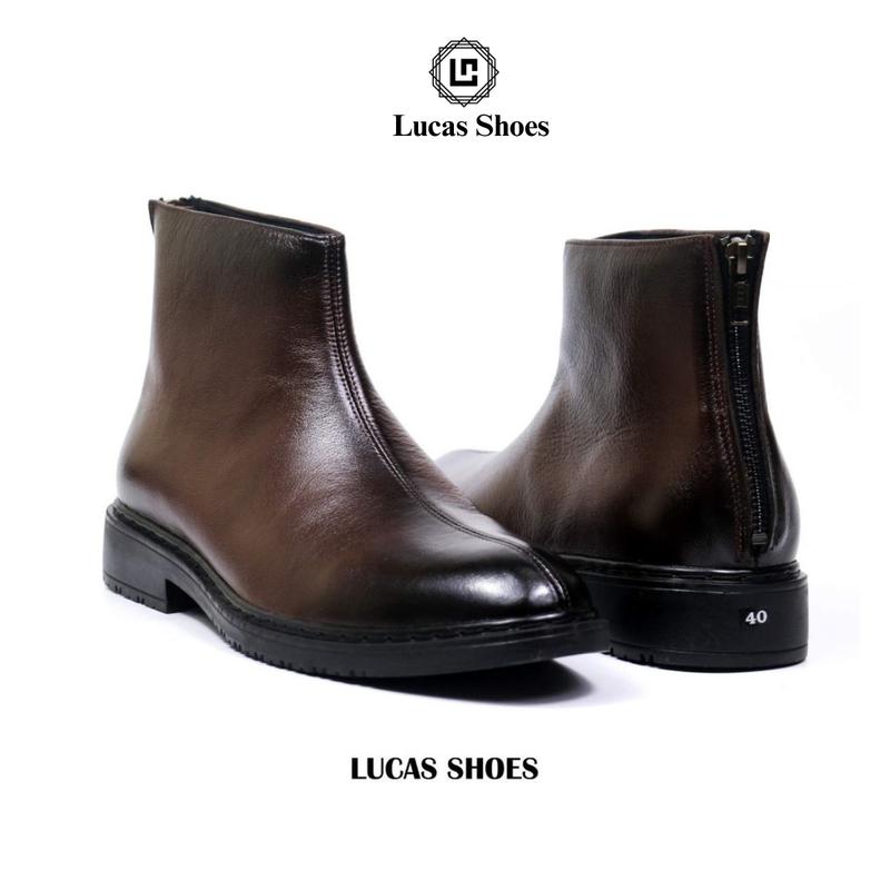  Giày Boots CB Zip nâu Lucas Shoes da bê nhám bảo hành 1 năm 