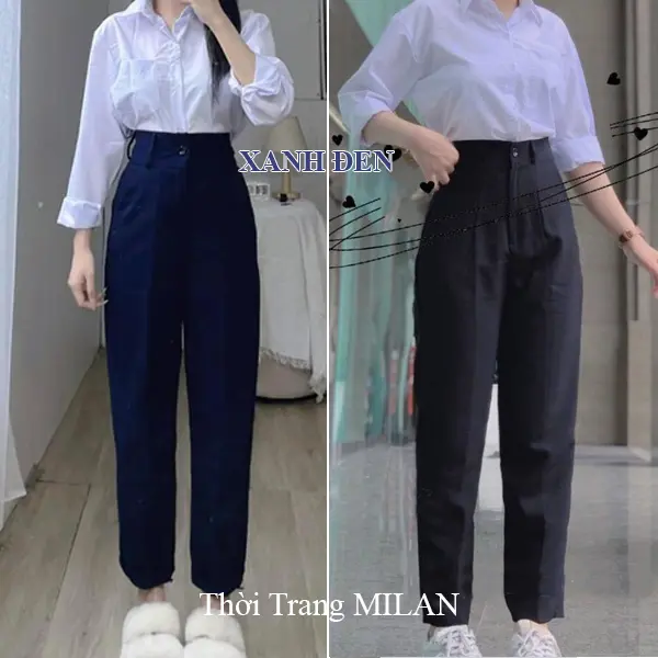 Quần Tây XENH ĐEN đi học 1 khuy 2 nút lưng cao nữ m50 m53 m55 m60 m65 dáng quần baggy học sinh cấp 2 3 đi học vải dày co giãn nhẹ đáy cao 0