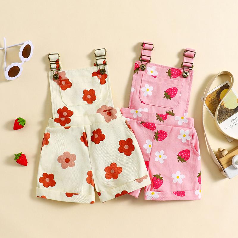 Product Introduction of Pink/ White Toddler Kid Little Girl Denim Overalls Flower/Strawberry Print Jeans Overalls Strap Suspender Shorts Outfit 6 12 18 24 Months 2-6 Years Old Kid 53