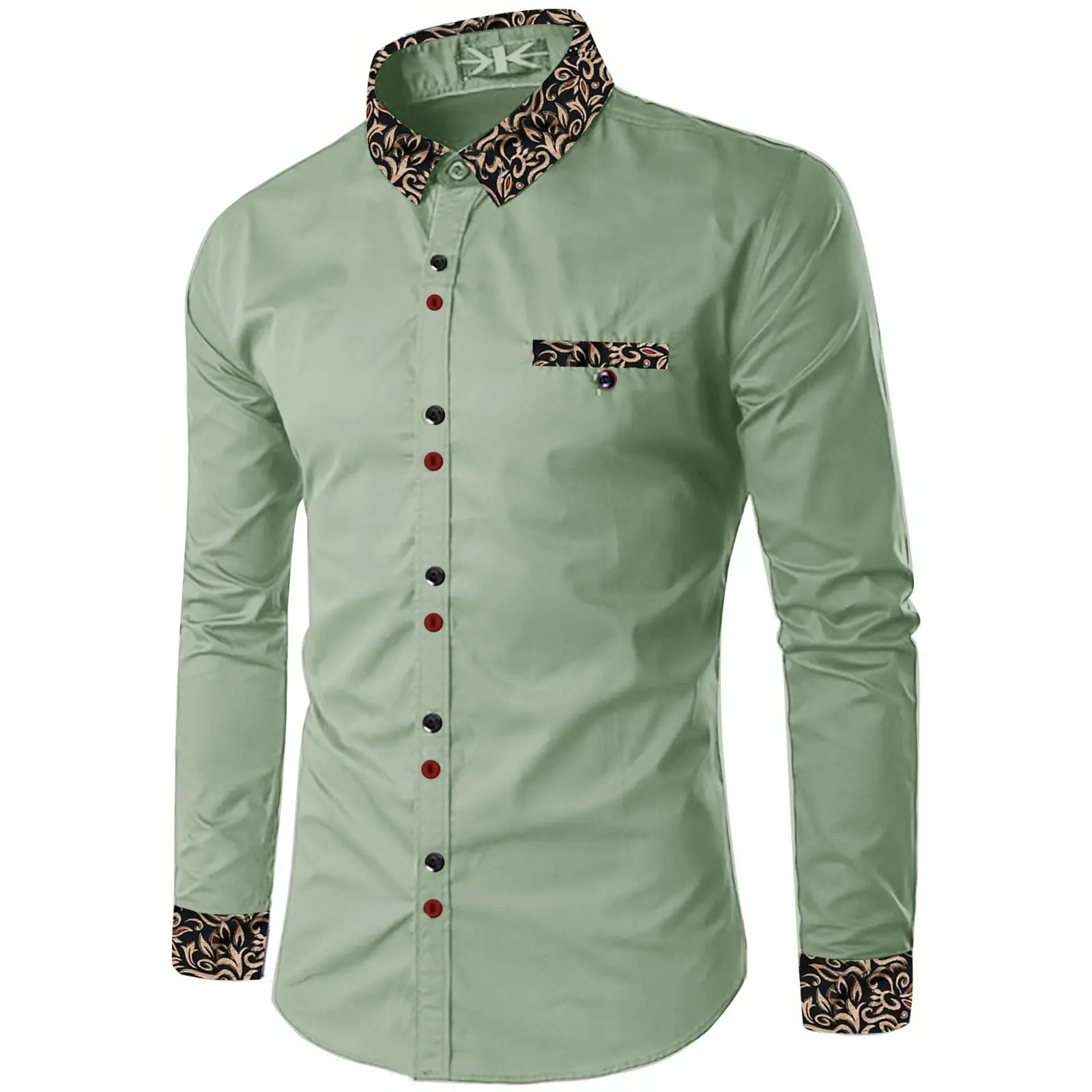 KIYOWO-Kemeja Fashion Kombinasi Batik Riko Pria Kasual Lengan Panjang Baju Casual
