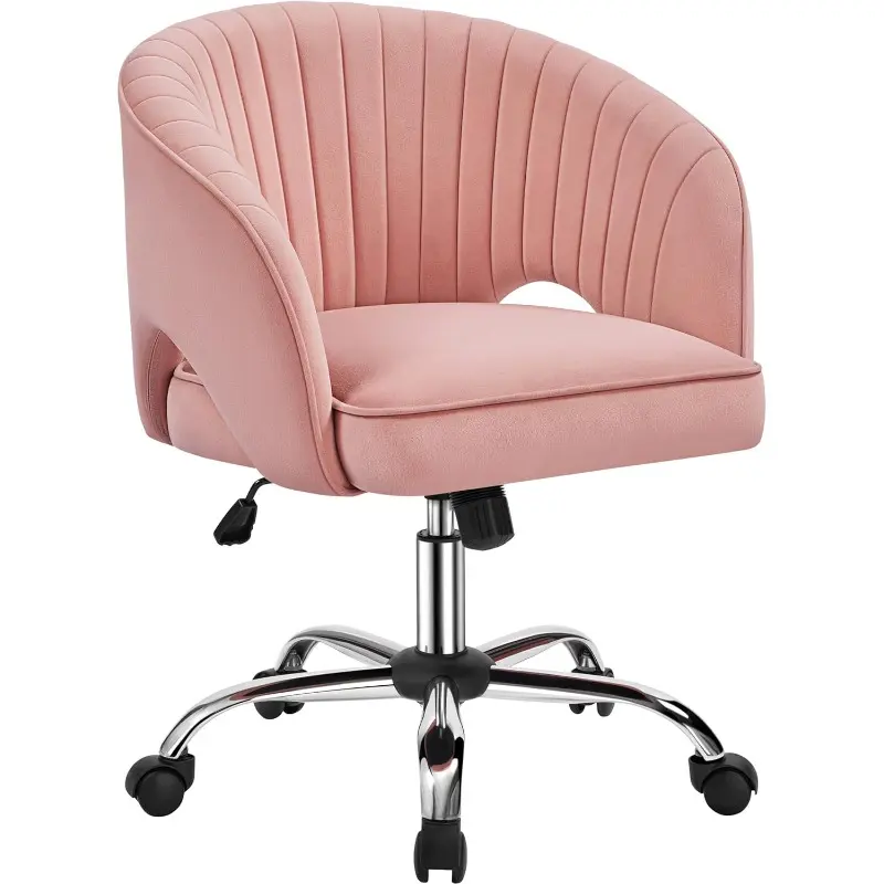 Deluxe Velvet Desk Chair, Makeup Vanity Chair with Tufted Barrel Back Adjustable Velvet Accent Armchair Swivel Office Chair for Home Office Pink 0