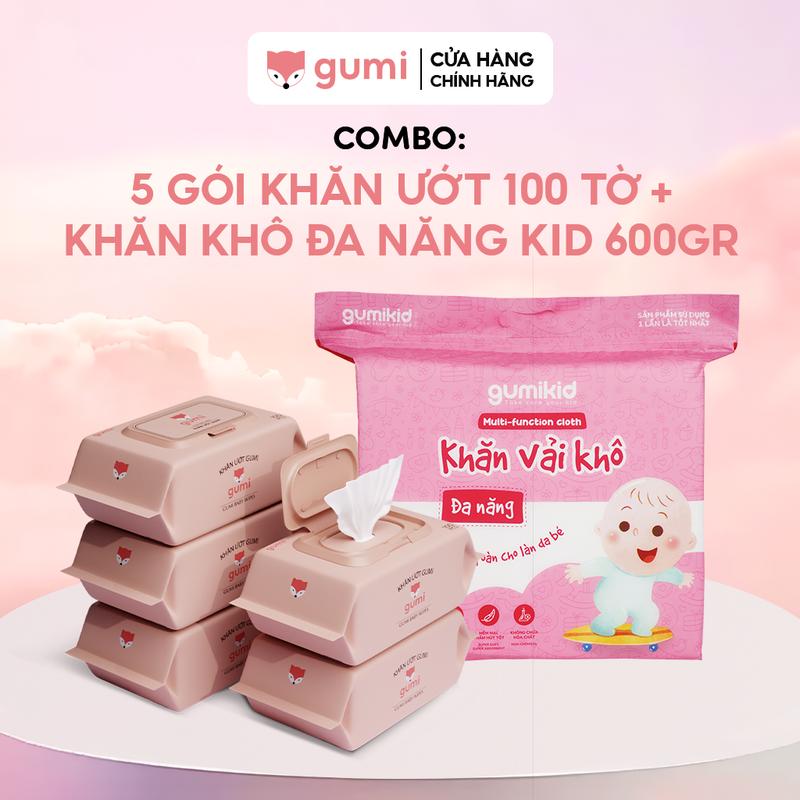 Mall Combo khăn vải khô cho bé Khăn ướt Gumi Bộ 5 gói không cồn không parabens cao cấp dành cho em bé