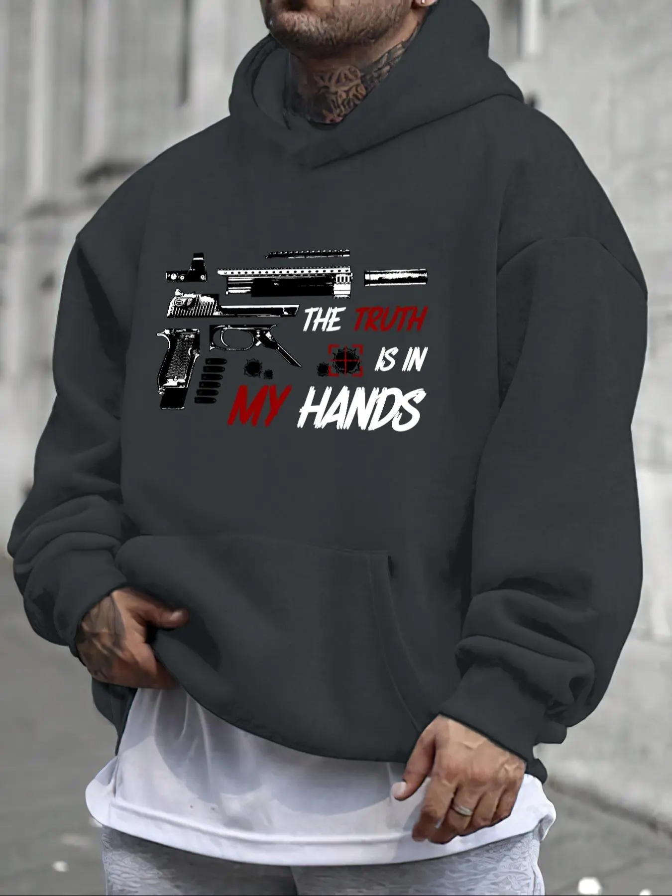 Men's Letter & Gun Print Drop Shoulder Hoodie, Fashion Casual Regular Fit Pocket Hooded Top for Daily Holiday Outdoor Wear, Men Clothes for Fall & Winter
